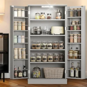 LED Kitchen Pantry Cabinet - 50" Food Storage Cupboard with 2 Doors & Adjustable Shelves